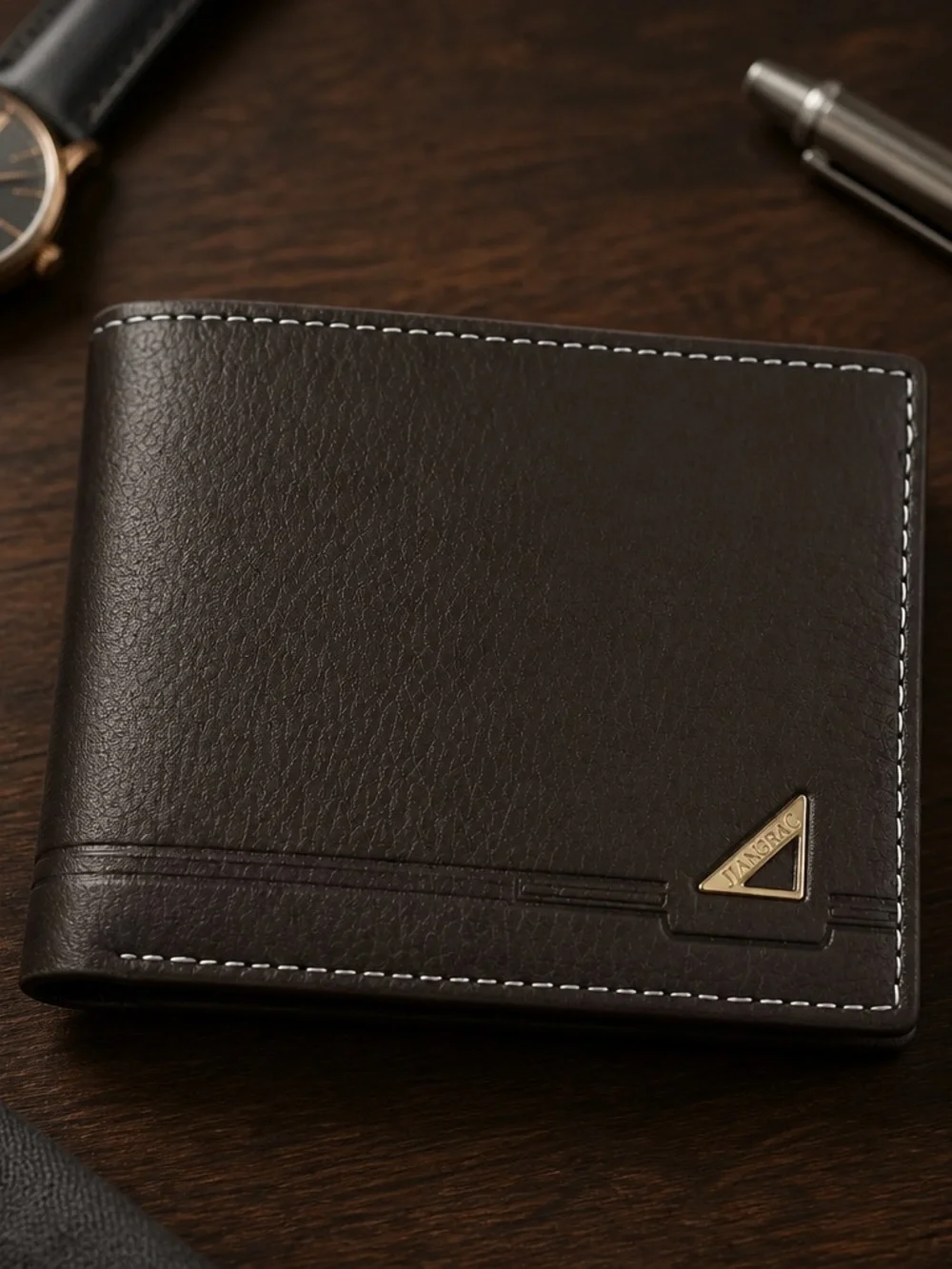 Men's Slim Black Leather Bi-Fold Wallet with Contrast Stitching